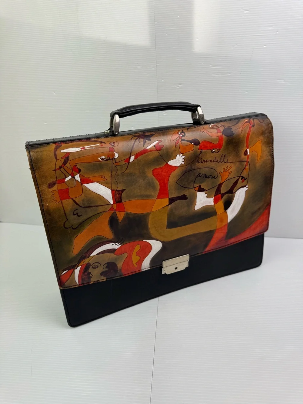 VTG Bambas Hand Painted Leather Briefcase Joan Miro Hirondelle Amour Italy W/Key